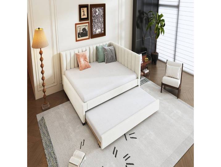 Lit 140x200 cm en velours beige avec lit gigogne et sommier extensible – Design classique et multifonctionnel