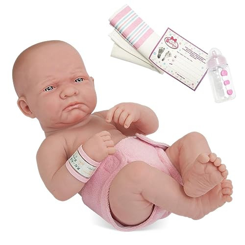 JC Toys La Newborn Babypop Vinyl Pop Meisje met Wit/Roze Outfit, Deken en Accessoires, 35,56 cm