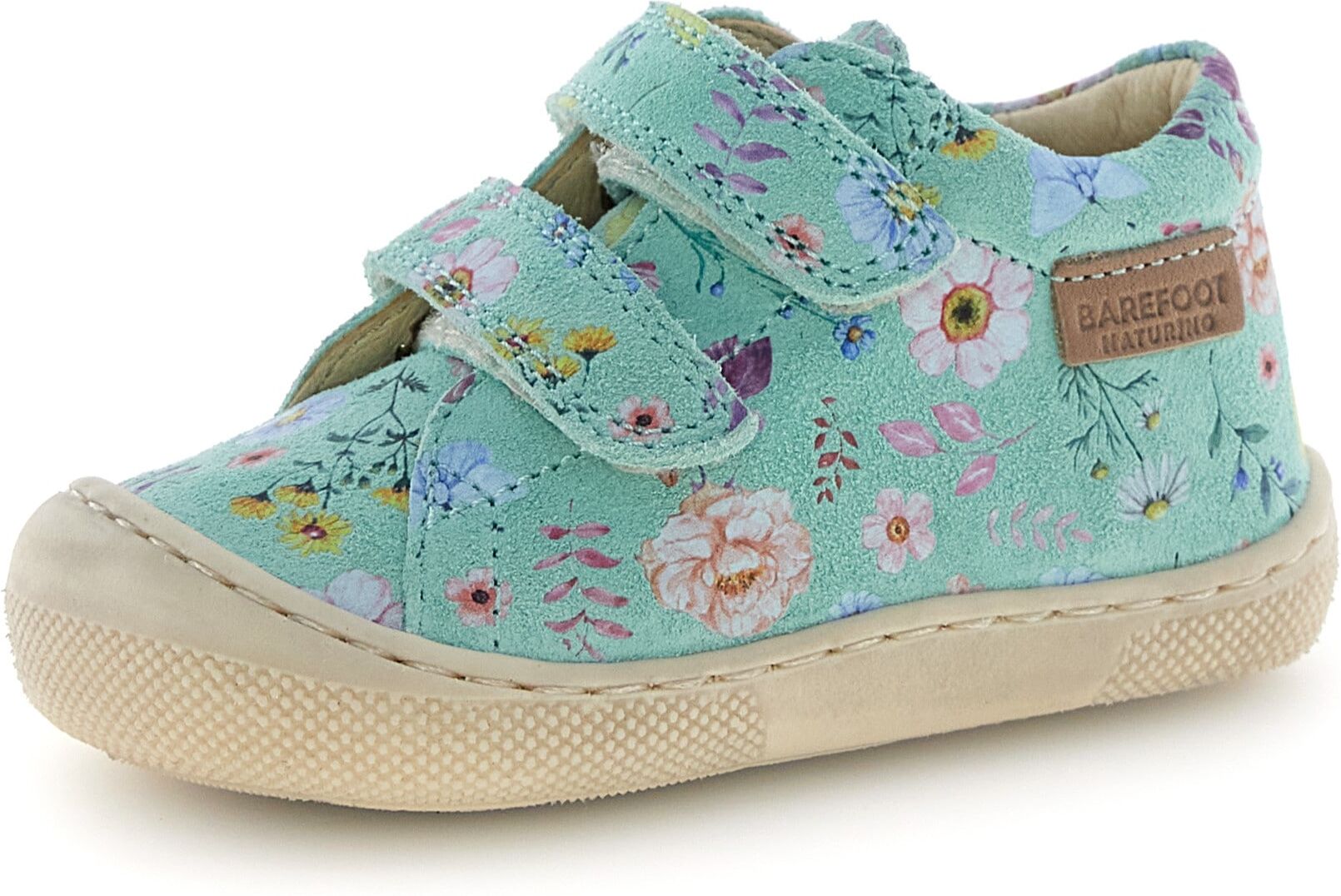 Lauflernschuh NATURINO "AMUR VL", Mädchen, Gr. 24, bunt (mint), Veloursleder, geblümt, Schuhe Lauflernschuh, Babyschuh mit Print, Grössenschablone zum Download mint 24