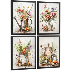 POSTER 4er Set Blumen Küchen-Wandbilder Gießkanne Vase Utensilien Botanisches Aquarell Wohnzimmer Deko Schwarzer Rahmen A4