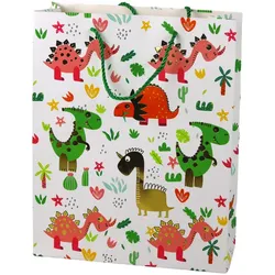 Papier-Geschenktüte, bunte Dinosaurier, Palmen, 32 cm x 26 cm x 10 cm
