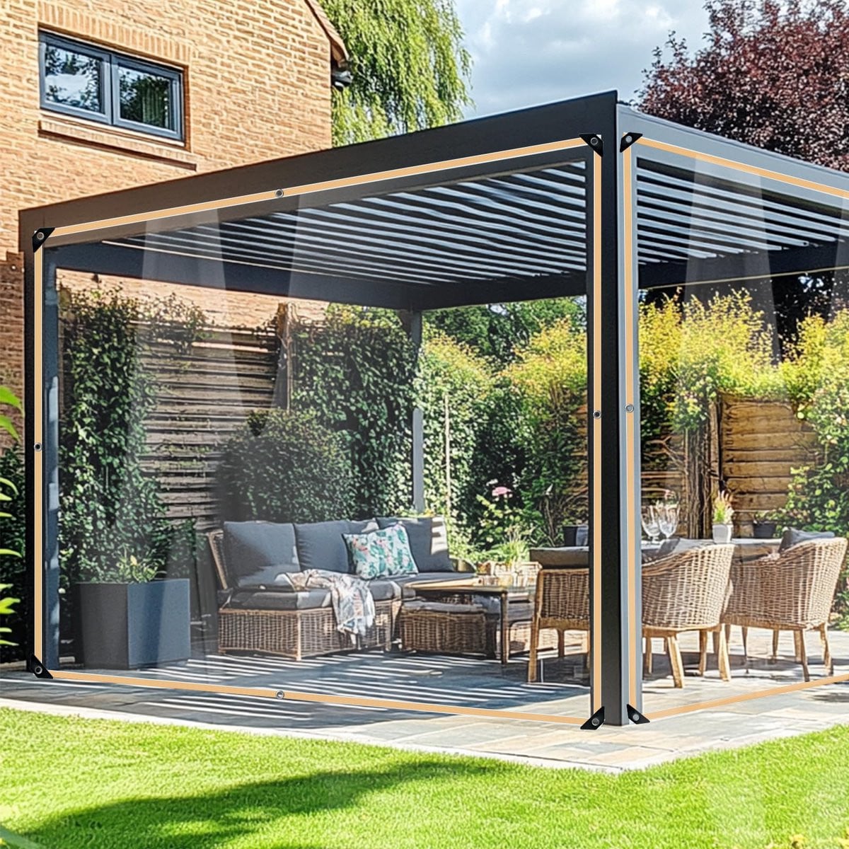 Robuust en waterdicht transparant zeil van zacht PVC met oogjes en touw, 2 x 2 m