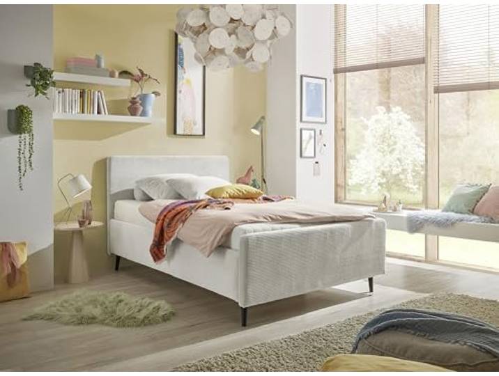 Stella Trading Polsterbett 140x200 Peach in Cord-Optik, Bettgestell mit gepolstertem Kopfteil & Holzfüßen, modernes Stoffbett, ohne Matratze & Lattenrost, Ivory