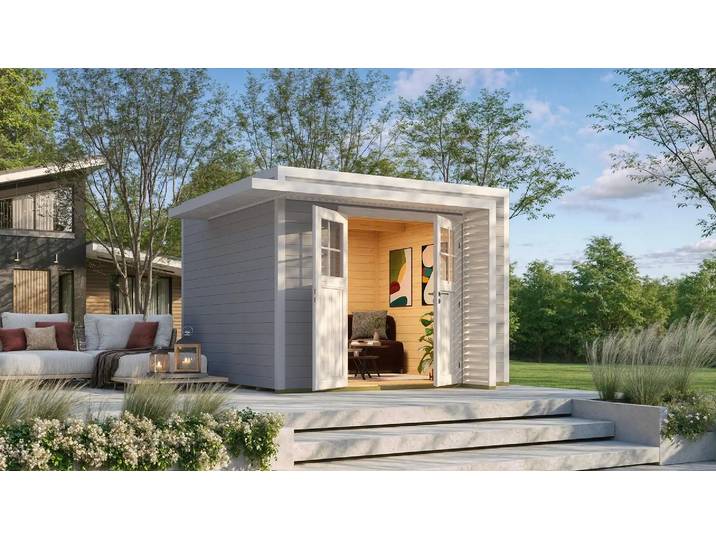 Gartenhaus weka Amberley 28 mm inkl. Fußboden, Tür Sprosse 350 x 353 cm grau-weiß