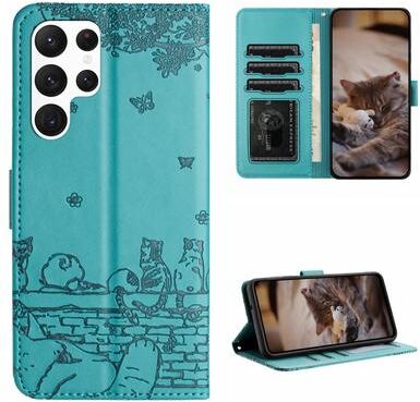 Inspired Deals Cute Cat Embossed Wallet Phone Case For Samsung Galaxy With Card Holder And Lanyard For Samsung Galaxy S22 Ultra blue