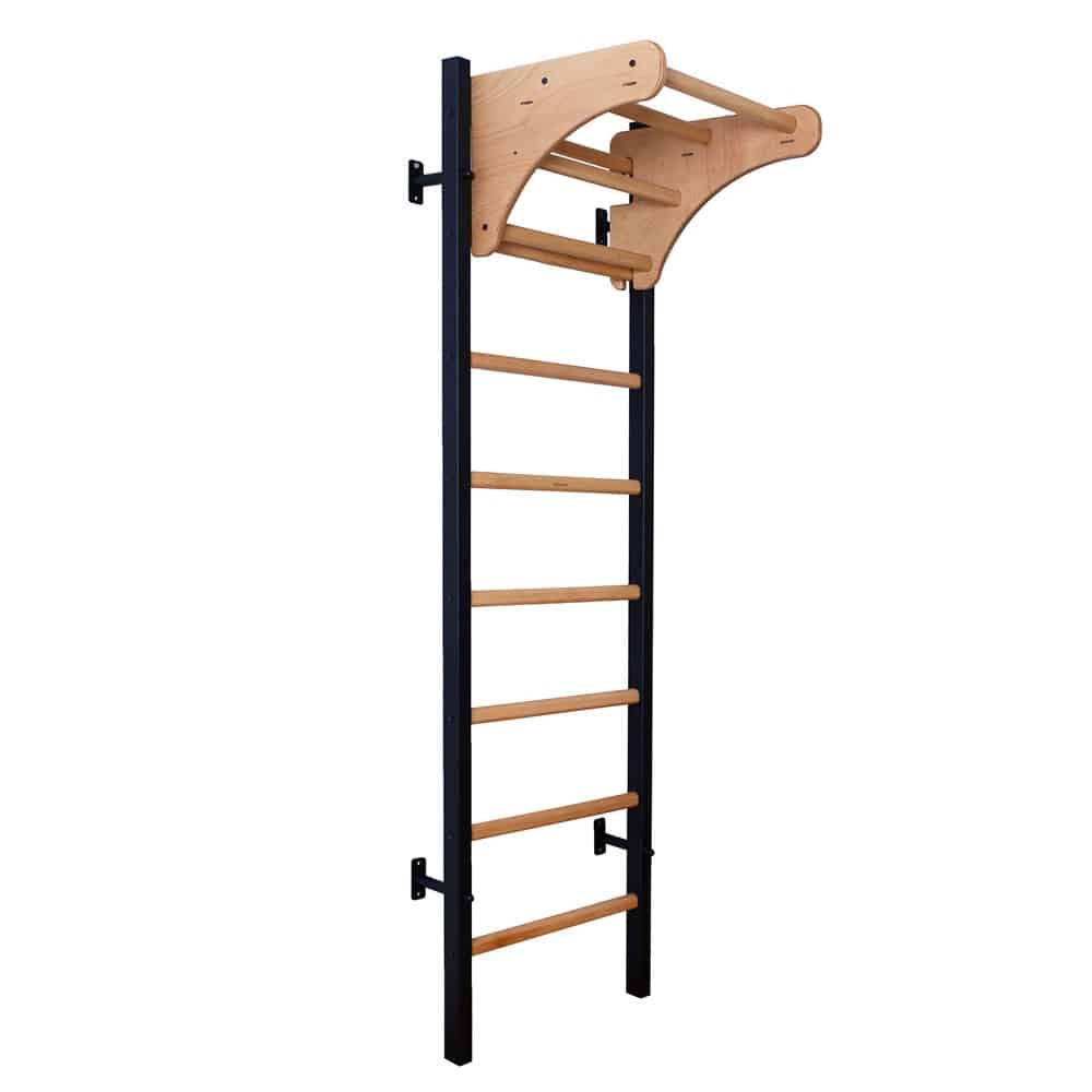 Sprossenwand 211B aus Metall und Buchenholz, schwarz matt, 67 cm breit, 2,30 m hoch
