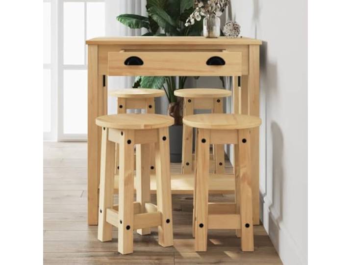 LPERTGFHU 5-TLG. Bar-Set Kiefernholz, Bartisch & 4 Barhocker, Braun Massives Kiefernholz, Klappbares Design, Rustikale Optik