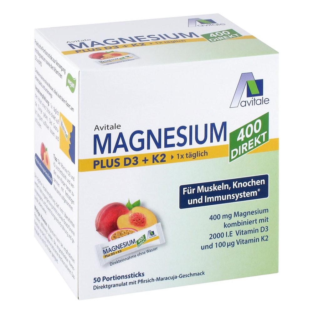 Avitale GmbH Magnesium 400+D3+K2 Direktsticks Pfirsich-Maracuja-Geschmack 19213052