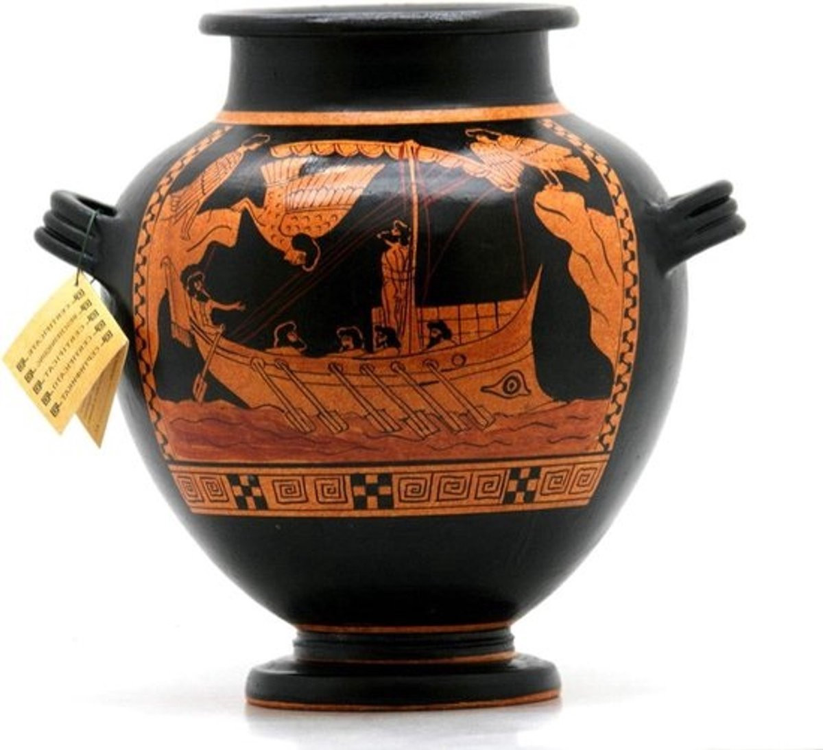 Handgemaakte Griekse Keramische Vaas - Aardewerk Decoratie - Zwart/Oranje - Hoogte: 21 cm