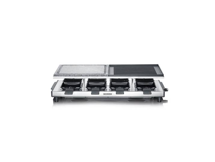 Severin Raclette-Grill, Schwarz, Edelstahlfarben, Metall, Kunststoff, Stein, 24.5x13.7x54 cm, Temperaturregler, Kontrollleuchte, antihaftbeschichtete Raclette-Pfännchen, abnehmbare Steinplatte, regelbarer Thermostat, Wendegrillplatte, Fettauffangschale, Kochgeschirr, Tischgrills & Fondues, Raclette-Grills