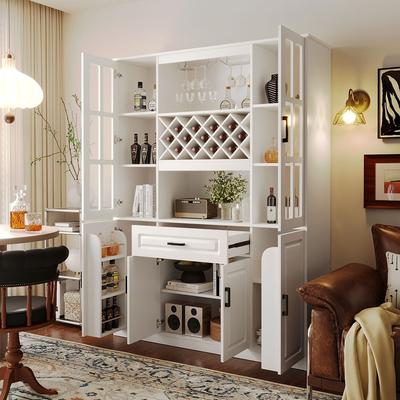 Tall Wine Cabinet with Wine Rack & Glass Holder, 4-Door Storage Cabinet with Drawer & Open Shelves