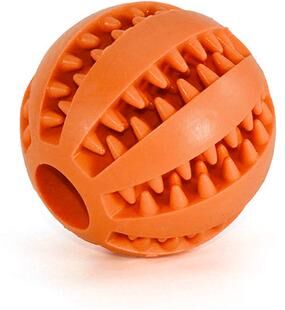 The Handy Homestead Tough Chew Dog Treat Dispensing Ball For Teeth Cleaning And Interactive Play orange s