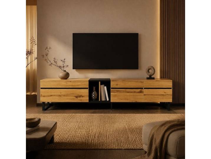 VUENOR meuble TV 180 x 38 x 45 cm décor bois et noir - grand rangement