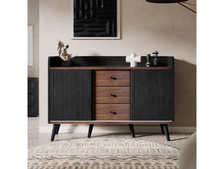 Buffet Bahut - LEYTN - 117 x 40 x 80cm - 3 tiroirs - 2 portes coulissantes