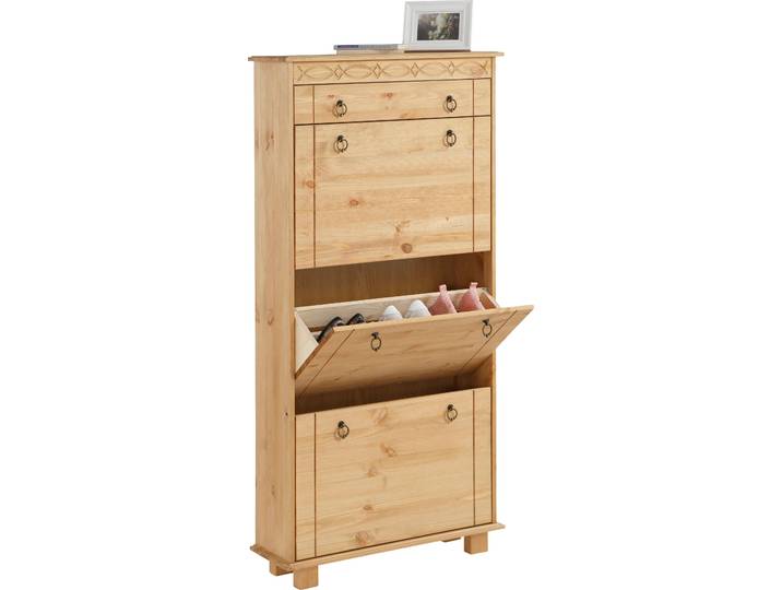 Schuhschrank GOODPRODUCT Indra mit 3 Kippern und 1 Schublade, Metallgriffe, dekorative Fräsung , beige (gelaugt, geölt), B:70cm H:140cm T:22cm, Schränke, Schuhschrank, aus massiver Kiefer, Metallgriffe, Platz für ca. 9 Paar Schuhe