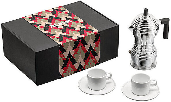 Alessi Espressomaschine - Set mit Tassen 3-tlg Alu / Porzellan silber EG