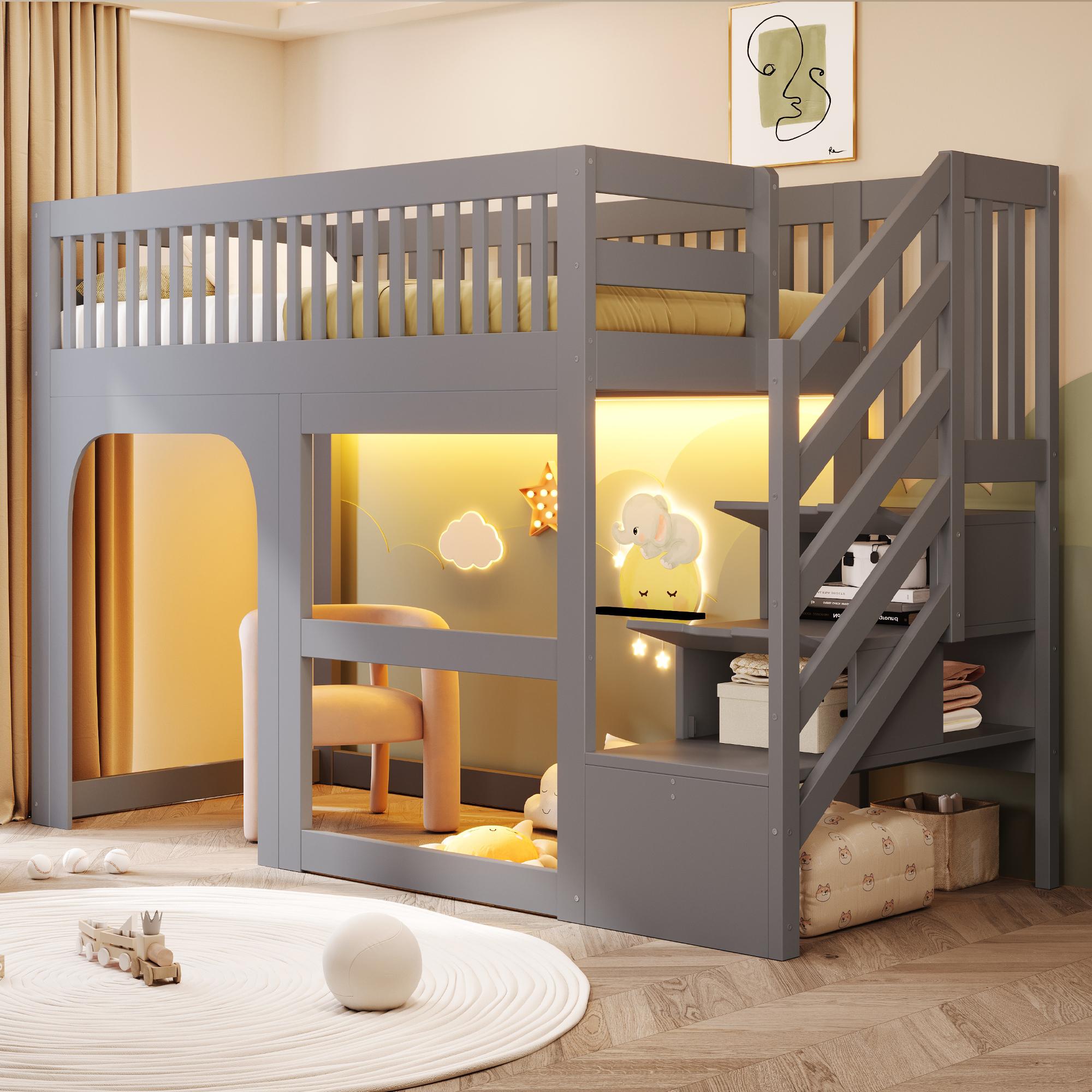 Flieks Etagenbett 90x200cm mit Led, Kinderbett Hausbett mit Tür und Fenster, Hochbett mit Treppe und Rausfallschutz, Stockbett mit Stauraum, Grau