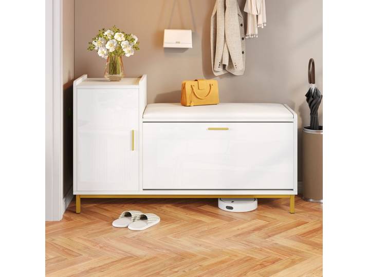 Meuble à Chaussures d'Entrée avec Porte et 2 Compartiments Banc avec Coussin et Pieds en Métal Blanc Or 100x38x68 cm