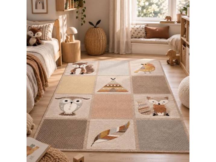 Pergamon Tapis Enfant Maui Kids Animaux Forêt Renard Hibou Beige Marron