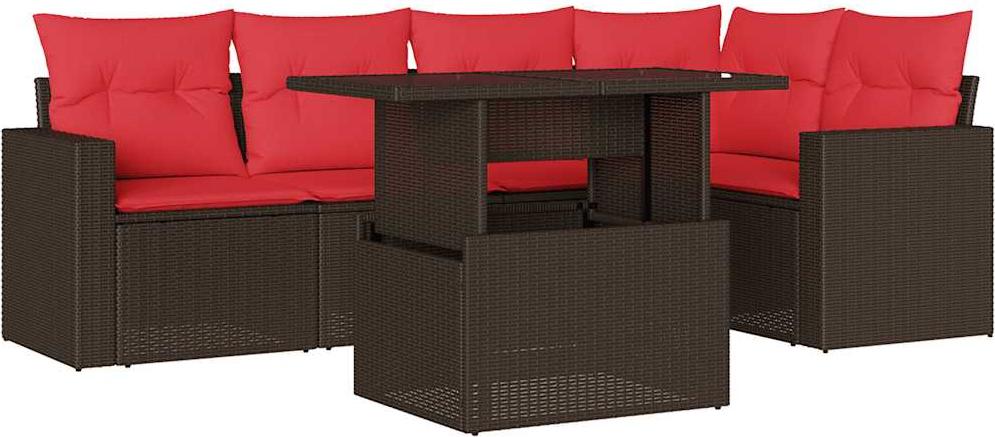 Modulares Gartensofa-Set, 6-teilig, verstellbarer Esstisch, Polyrattan Braun, UV-beständig, mit roten Kissen
