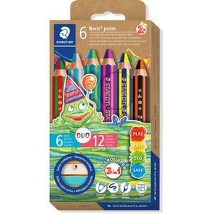 Staedtler Buntstifte Noris junior Duo 1402 C6, 3in1, Bunt-, Wachsmal- & Aquarellstift, Spitzer, 6 Stück