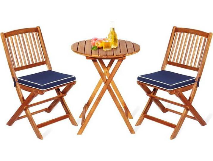 GOPLUS 3PCs Salon de Jardin Pliant-2 Chaises+1 Table+2 Coussins en Bois d'Acacia-Table et Chaise pour Jardin/Terrasse Bleu