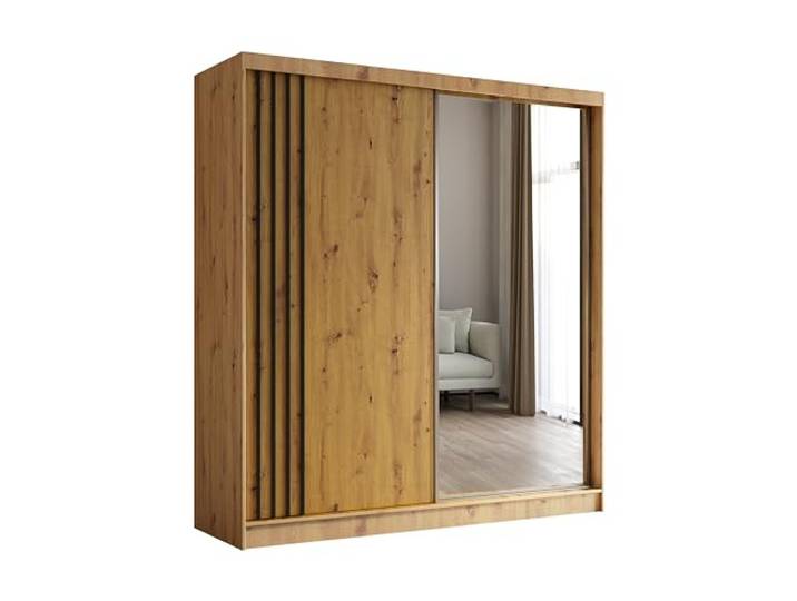 Margaret Hadas24 Kleiderschrank mit Lamellen und Spiegel, Organizer, Mehrzweckschrank, Schwebetürenschrank, Garderobenschrank, Kleiderstange, Kleiderständer, Flurschrank, 200cm, braun, schwarz
