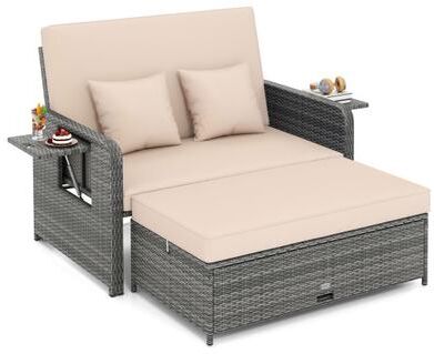 Costway Patio Wicker Loveseat Sofa with Multipurpose Ottoman and Retractable Side Tray-Beige