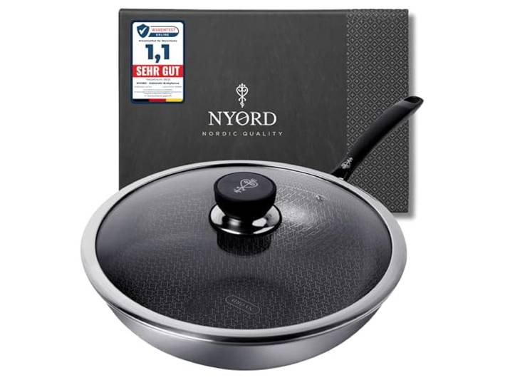 NYORD Wokpfanne [TESTSIEGER] Antihaft Pfanne 30cm 5,5L Hybrid Keramikbeschichtung Edelstahl Wok PFOA frei Kratzfest Spülmaschinenfest Wabenpfanne Wok Induktion Gas Ceran Pfanne mit Deckel