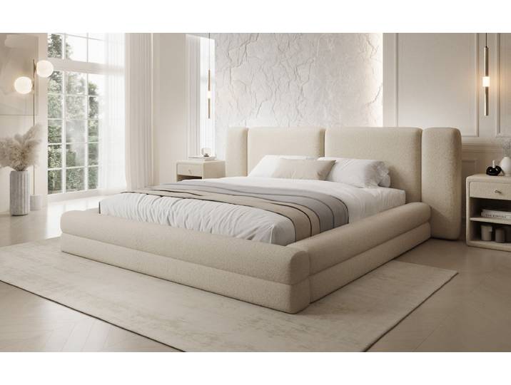 Designer Polsterbett Theresa in Teddy Bouclé mit Stauraum - 200x200 - Weiß - Luxusbetten24