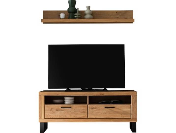 Lomadox Wohnwand Wohnmöbel in Eiche teilmassiv mit 138 cm Lowboard & Wandboard, 2-teilig, Echtholz/Massivholz-Fronten, geölt