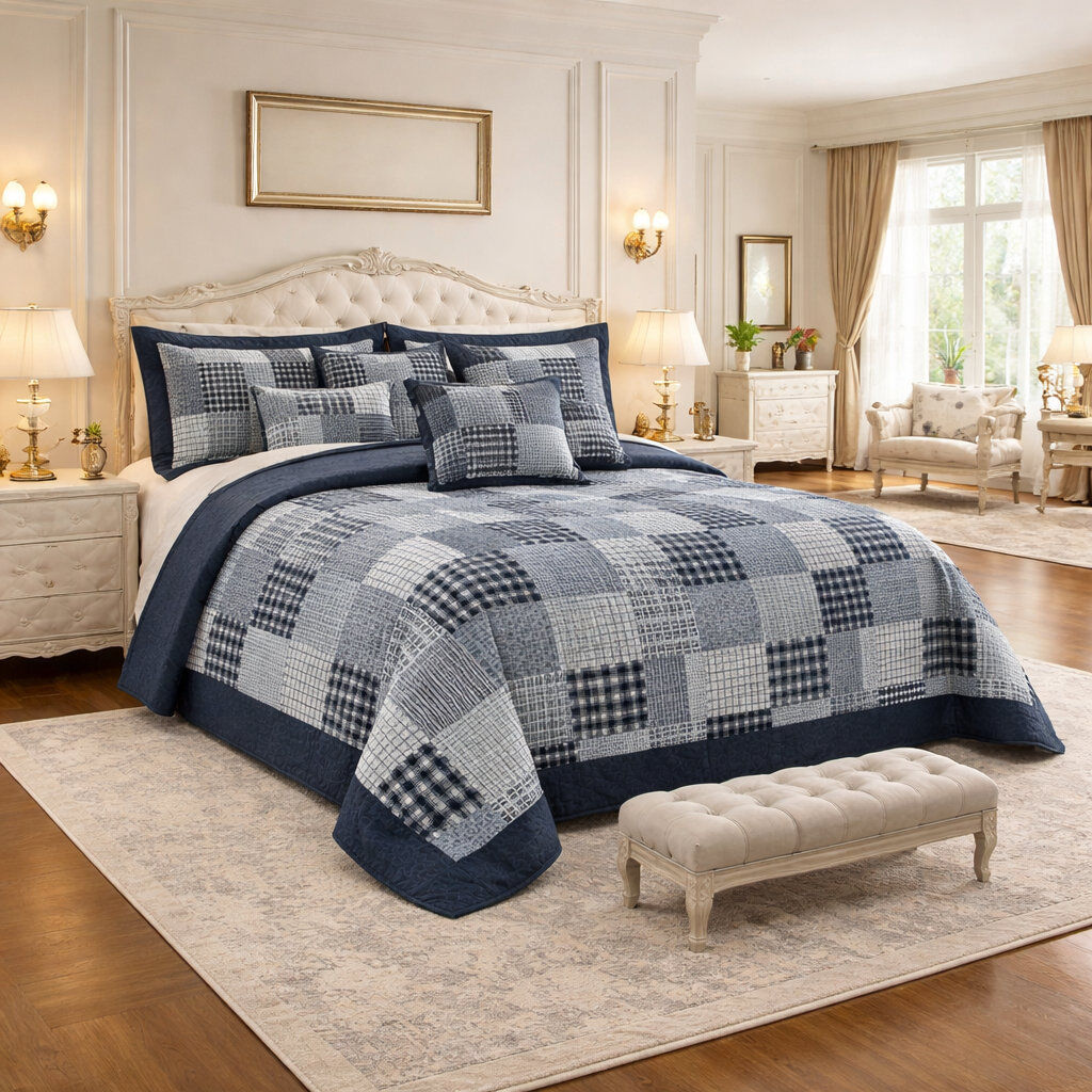 Household Furnishing Polyester Patchwork Bedspread with Pillow Shams Included Check Super King Bedspread + 2 Standard Shams