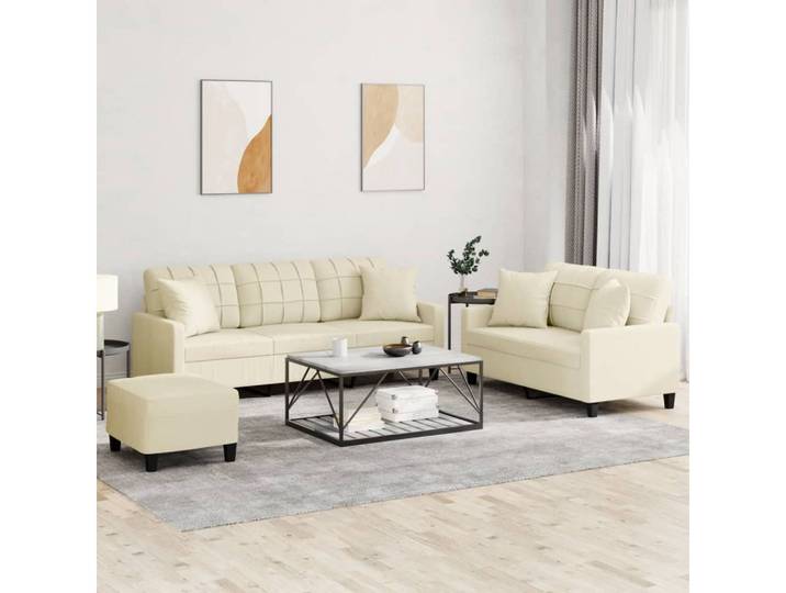 vidaXL Sofa vidaXL 3-tlg. Sofagarnitur mit Kissen Creme Kunstleder