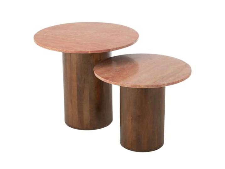 J-line Beistelltisch Rund Marmor - Holz - Terracotta/Dunkelbraun - 2er-Set
