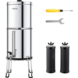 VEVOR Schwerkraft Wasserfiltersystem Edelstahl Arbeitsplattensystem 7+8,5L Wasserfiltrationssystem, reduziert Blei und bis zu 99 % Chlor, mit 2 Kohlefiltern, Wasserstandsanzeiger, Camping Wohnmobil