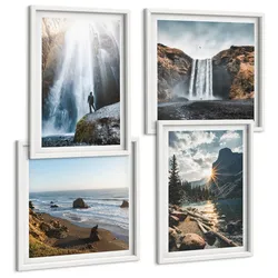 BILDER SET 4er Set - 50x50 cm & 40x60 cm Weißer Rahmen - Wasserfälle, Berge, Landschaften, Natur