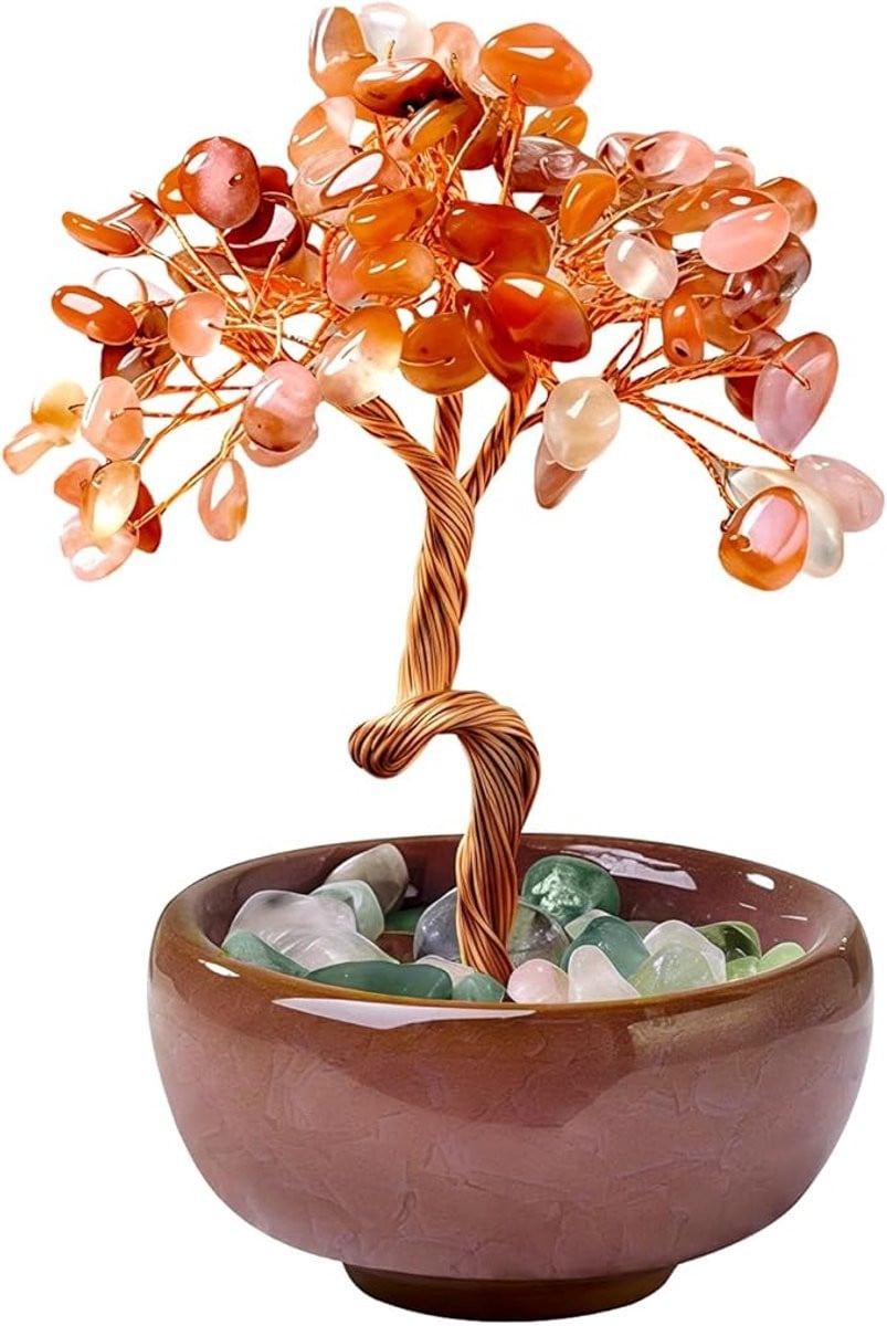 Rozenkwarts Edelsteenboompje - Levensboom Kristallen Ornament voor Woondecoratie en Bureaudecoratie - Oranje