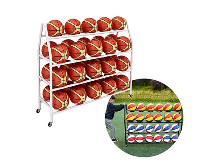 Basketbal Aufbewahrungsregal 4-stöckiges Ball Halter Freistehend Mit Rollen Ball-Aufbewahrungsregal Platzsparend Basketball Ballregal Für Rugby Volleyball Fußball(White,97CM)