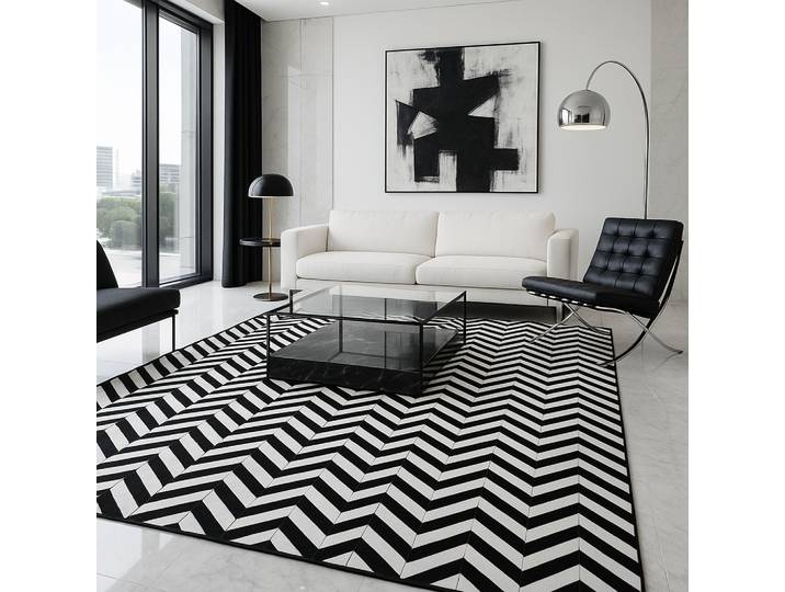 Fellteppich ZEBRA EDGE, echtes Rinderfell, LAGERRÄUMUNG , schwarz, weiß, naturgrau, B:140cm H:10mm L:200cm, Kuhfell, MYFLAIR MÖBEL & ACCESSOIRES, Teppiche, Fellteppich, handgenäht, Naturprodukt, Zickzack Muster, natürliche Struktur