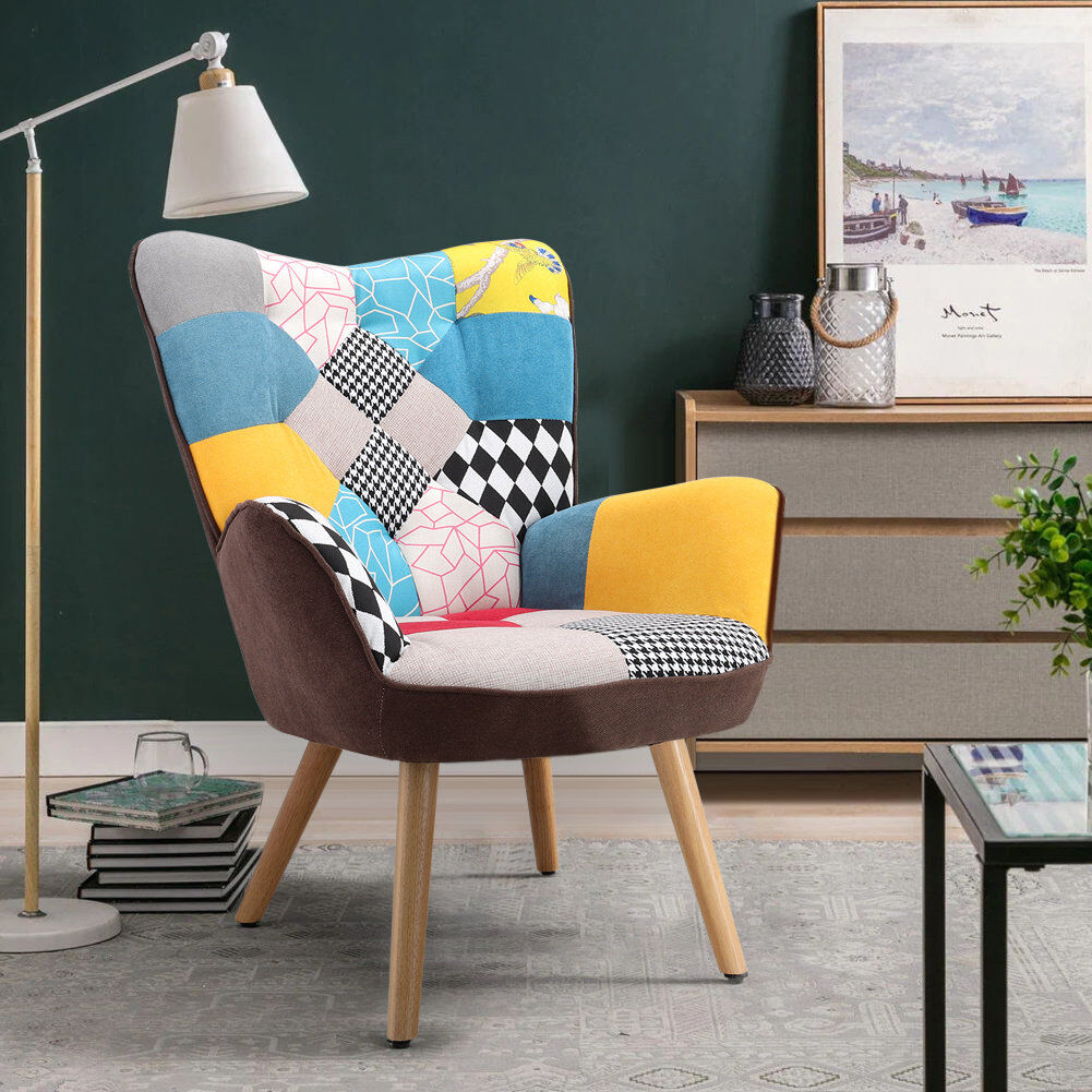 Norden Home Kacy Upholstered Linen Armchair Yellow;Blue 91cm H X 71cm W X 50cm D