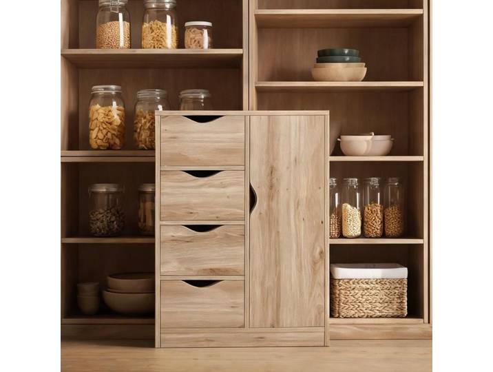 Meuble bas de rangement 4 tiroirs et 1 placard en panneaux de particules marron style scandinave 54x29x83 cm