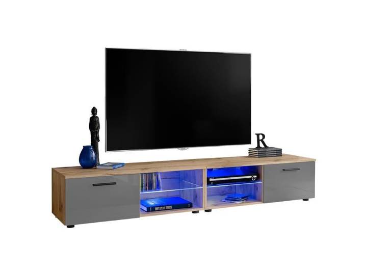 Meuble TV - Extreme Furniture - T32-200 - LED bleues - Gris Brillant & Bois naturel