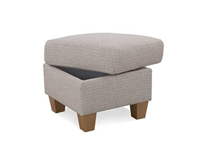 CAVADORE Hocker Ammerland / Stauraumhocker mit Holzfüßen, als Fußhocker oder Beistellhocker / 58 x 48 x 58 / Strukturstoff, Beige Strukturstoff: Natur Klein