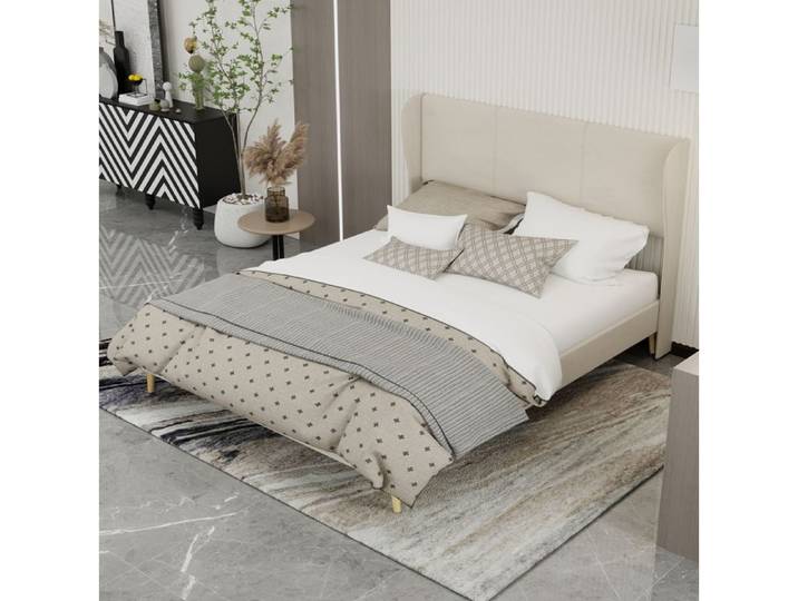 Lit rembourré moderne beige 160 × 200 cm avec tête de lit moelleuse