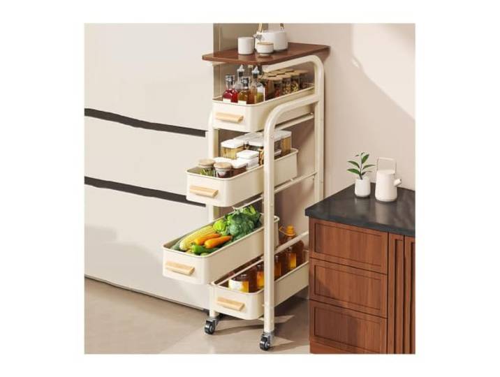 MJJRWF Rollbarer Küchenwagen mit ausziehbaren Schubladen Rollbarer Küchenwagen, ausziehbare Schubladen, Holzplatte, Metallgestell, Sicherheitsriegel(White,30x39x112cm)