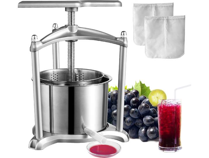 VEVOR Presse à fruits 5\,5 L Presse à pommes Presse à fruits Presse à purée\, Presse à baies 22 x 14\,3 cm Presse à pommes Extracteur de jus manuel Presse à fruits Presse mécanique en acier inoxydable Convient pour le jus de purée de fruits\, etc.