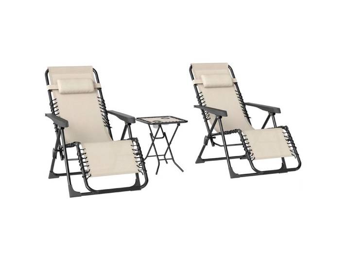 Lot de 2 chaise longue pliable et inclinable avec table d'appoint - Outsunny - porte-gobelets et appuie-têtes - charge 120kg - beige