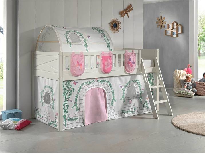 Spielbett 90 x 200cm Weiß/Beige mit Taschen & Tunnel/mit Vorhang
