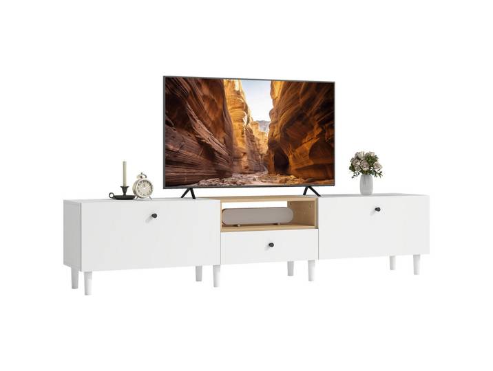 ComfortXL Lowboard De-10858 2 Klappenfächer, Schublade für 90 Zoll Weiß, 200x45x35 cm, Wohnzimmer, TV Möbel, Lowboards, Lowboards stehend