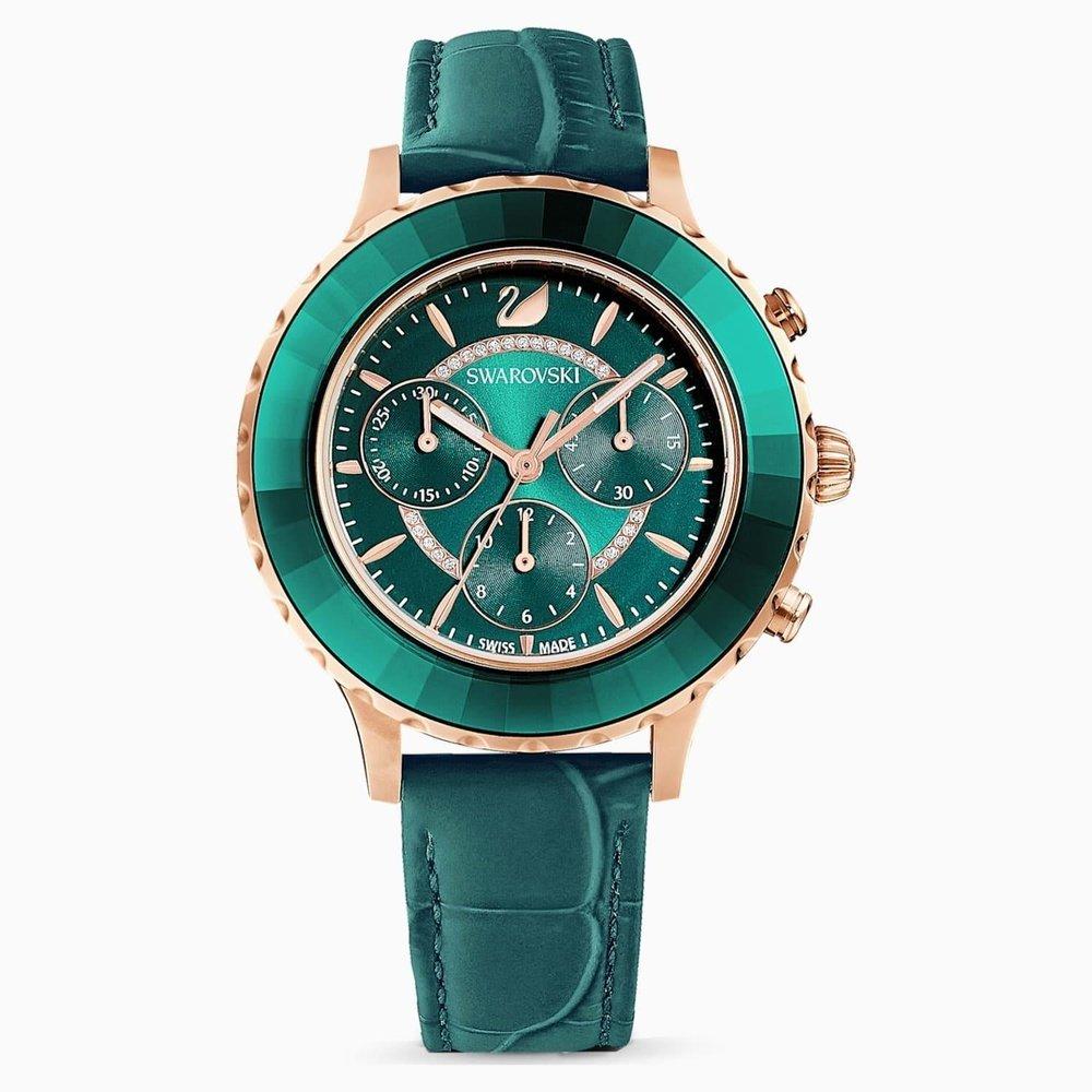 Swarovski Octea Lux Chrono Uhr, Lederarmband, Grün, Rose-Gold Tone PVD 5452498